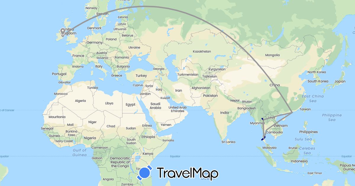 TravelMap itinerary: driving, plane in China, Ireland, Thailand (Asia, Europe)